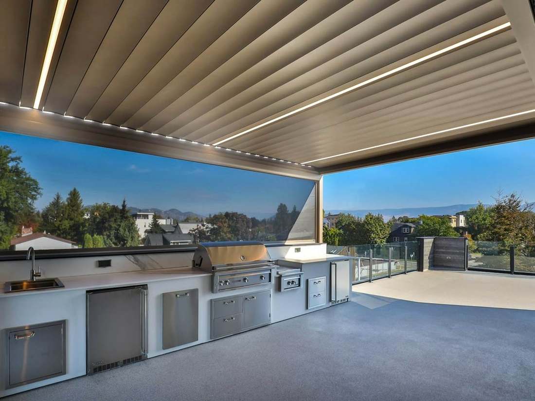 Northline Pro motorized pergola with outdoor kitchen